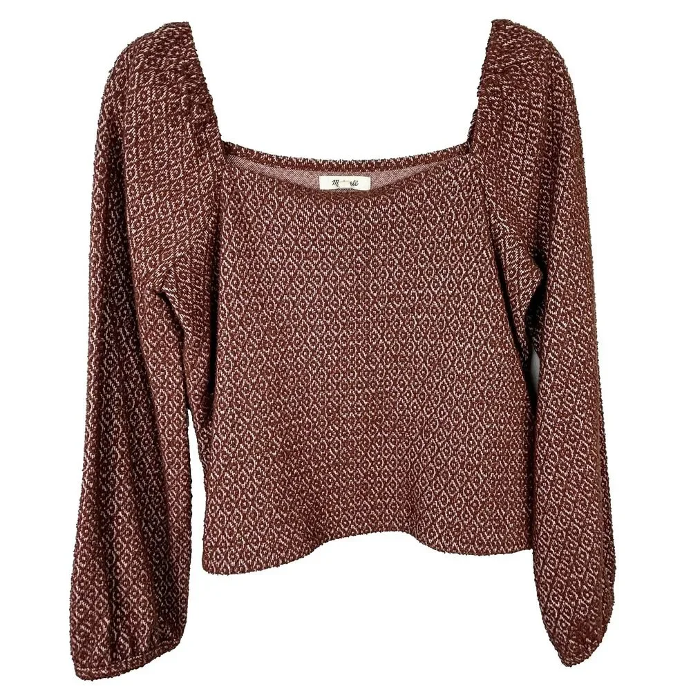 Madewell Jacquard Puff Sleeve Crop Top Square Neck Blouse Dark Merlot Rust sz XS